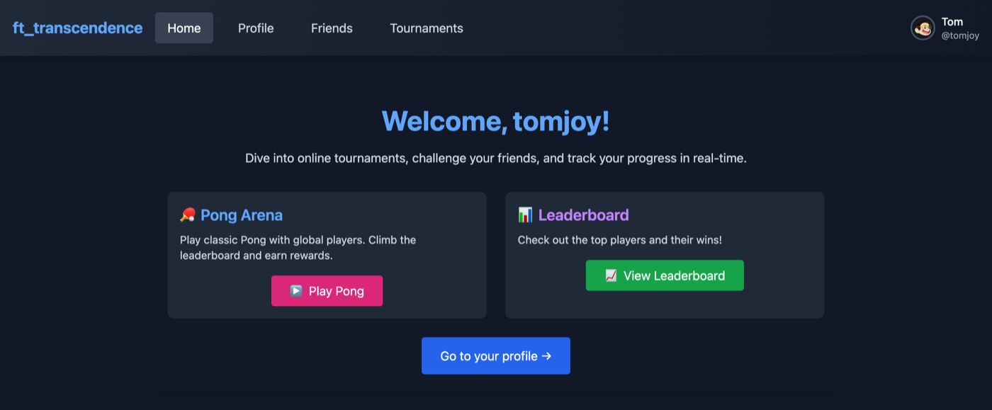 The signed-in home screen: navigation across Home, Profile, Friends and Tournaments, with cards for the Pong arena and the leaderboard.