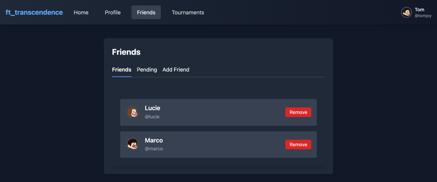 The friends list showing two accepted friends, with tabs for pending requests and for adding a friend.